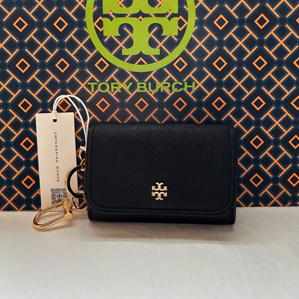 Tory Burch Black Saffiano Leather Key & Card Holder with Gold Hardware